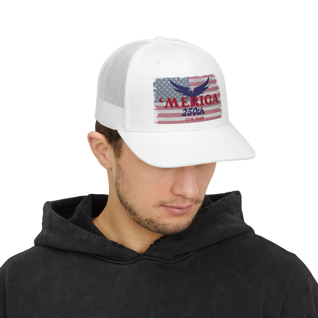 'Merica 250th Trucker Hat — Patriotic 1776–2026 Snapback Cap