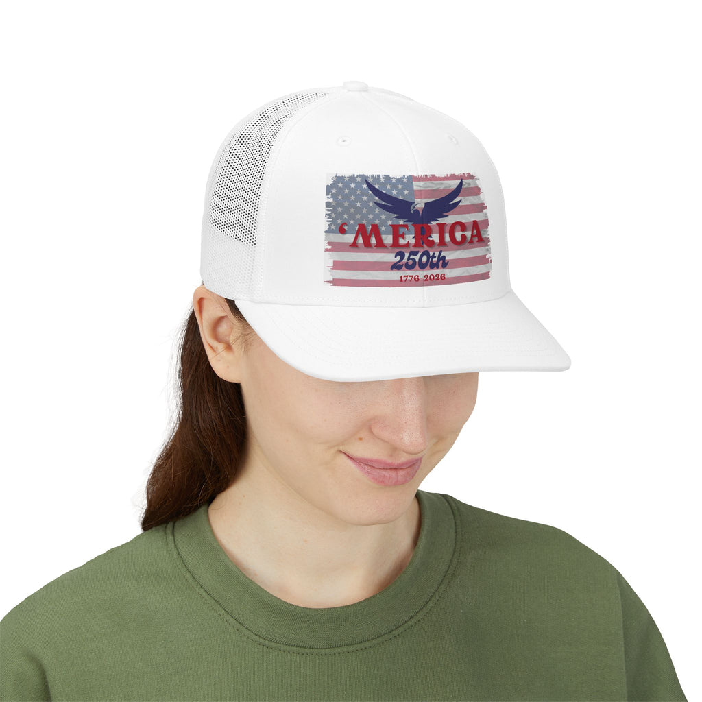 'Merica 250th Trucker Hat — Patriotic 1776–2026 Snapback Cap