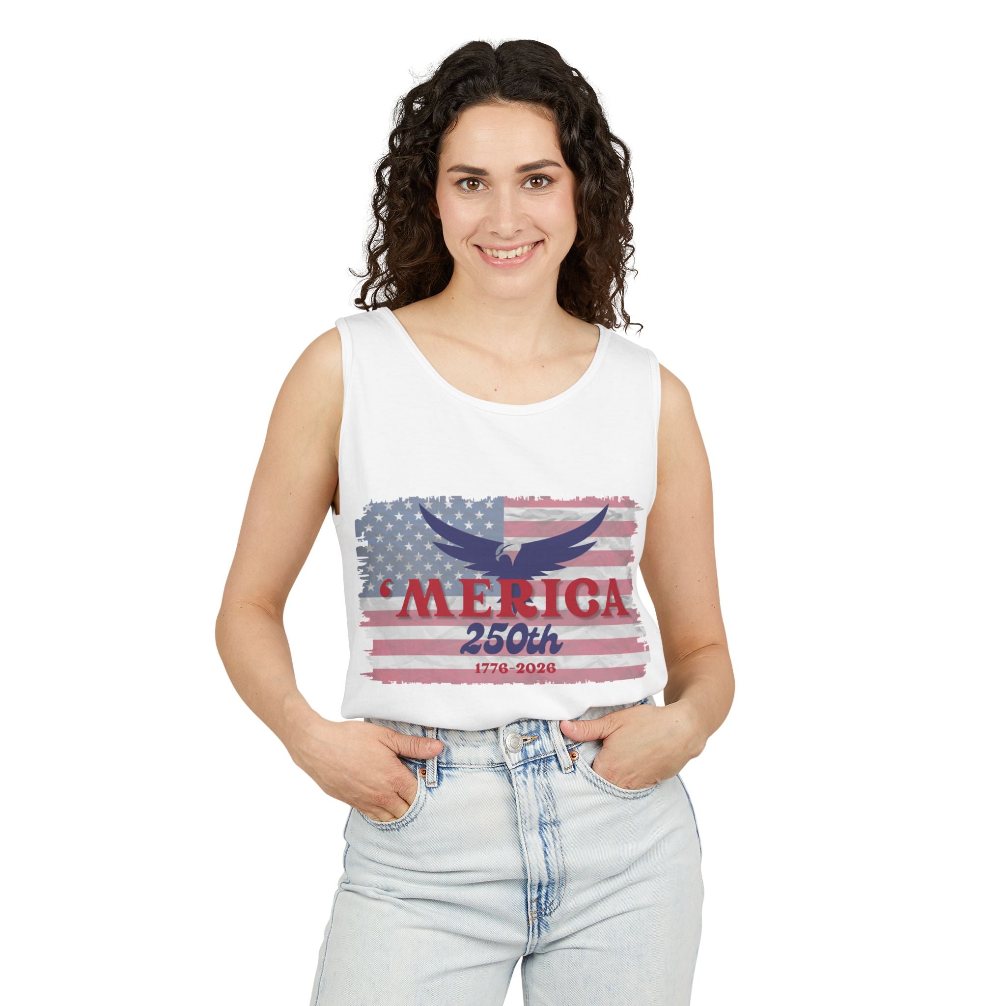 'Merica 250th Patriotic Tank Top — 1776–2026 American Flag Eagle Tee