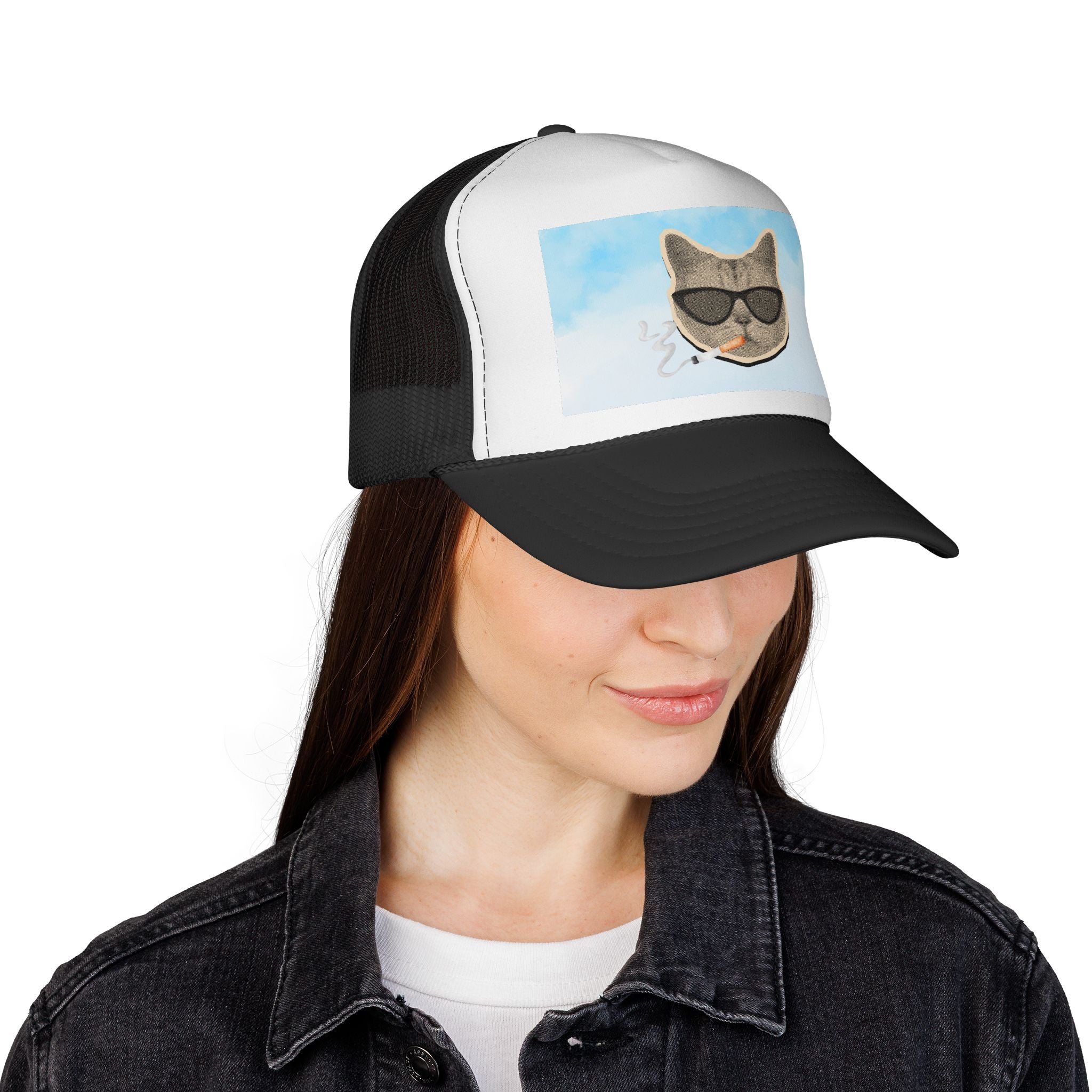 Smoking Cat Trucker Cap — Retro Mesh Back Hat for Cat Lovers