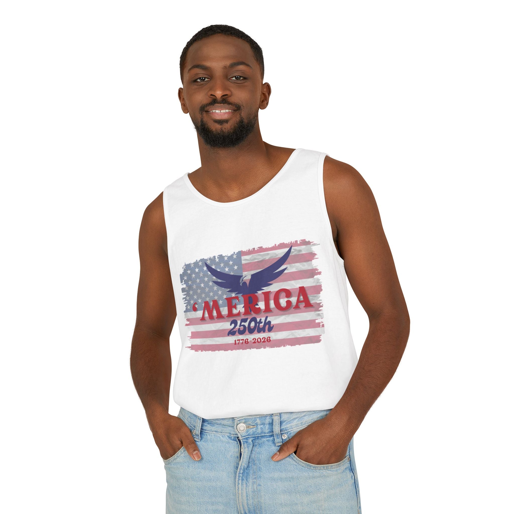 'Merica 250th Patriotic Tank Top — 1776–2026 American Flag Eagle Tee